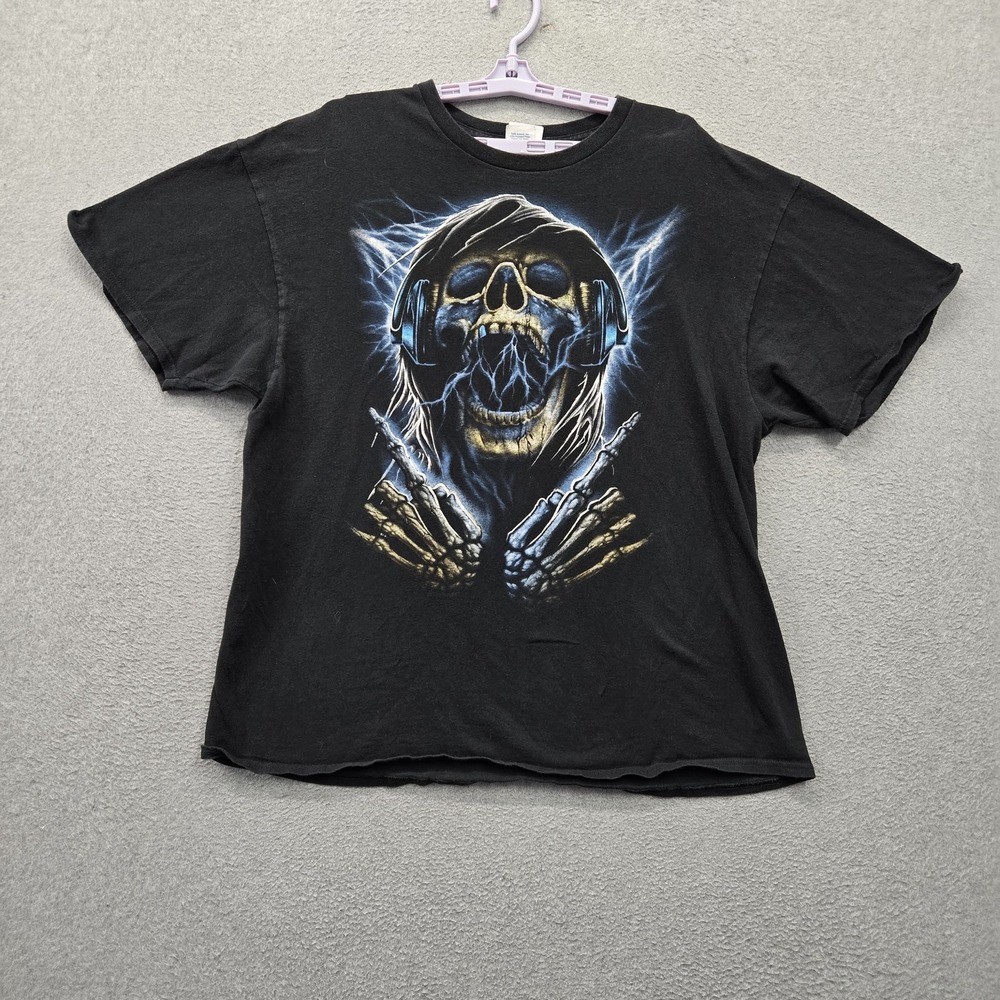 VINTAGE Grunge Metal Men Shirt 3XL Black Graphic Skull Y2K Metal Short Sleeve